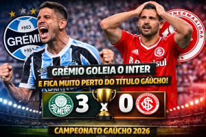 Grêmio atropela o Inter na Arena, constrói vantagem histórica no Gre-Nal decisivo e fica a um passo do título do Campeonato Gaúcho 2026