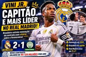 Vini Jr. estreia renovação com braçadeira de capitão em vitória do Real Madrid sobre o Ferencvaros
