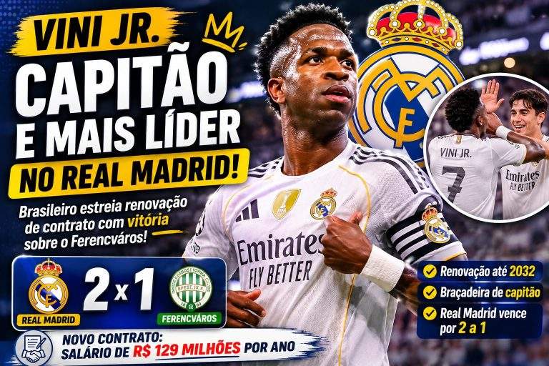 Vini Jr. estreia renovação com braçadeira de capitão em vitória do Real Madrid sobre o Ferencvaros