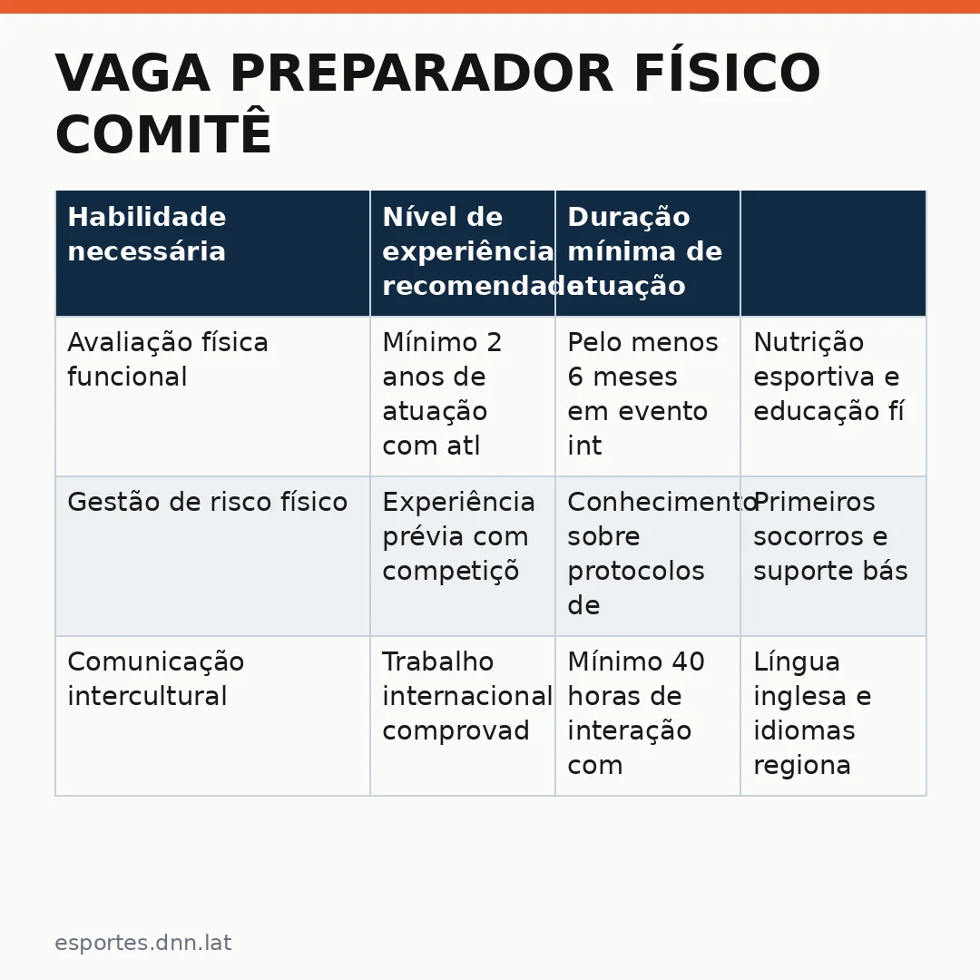 Infográfico - Vaga Preparador Físico Comitê: Vinícius Teixeira e Omira Maria Lideram A Preparação do Time Brasil em Santa Fé 2026