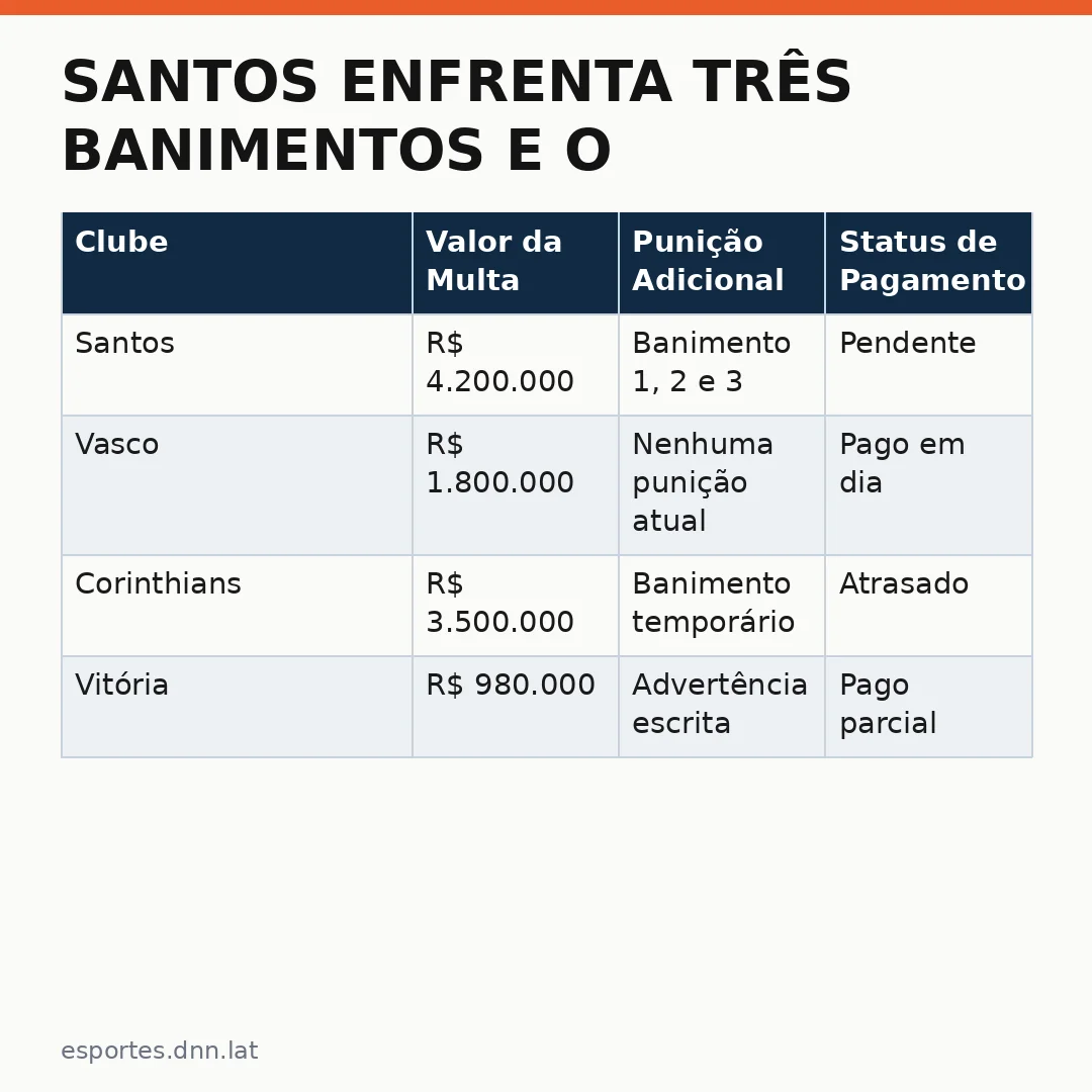 Infográfico - Santos enfrenta três banimentos e o risco da punição do Njie ameaça a Série C